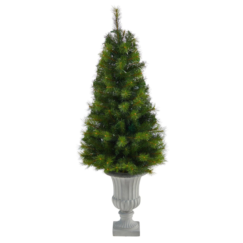 4.5’ Green Valley Pine Artificial Christmas Tree with 100 Warm White LED Lights and 201 Bendable Branches in Decorative Urn