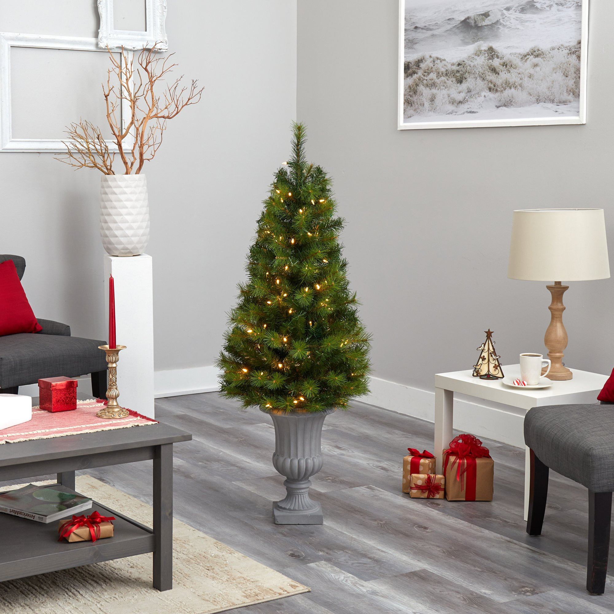 4.5’ Green Valley Pine Artificial Christmas Tree with 100 Warm White LED Lights and 201 Bendable Branches in Decorative Urn