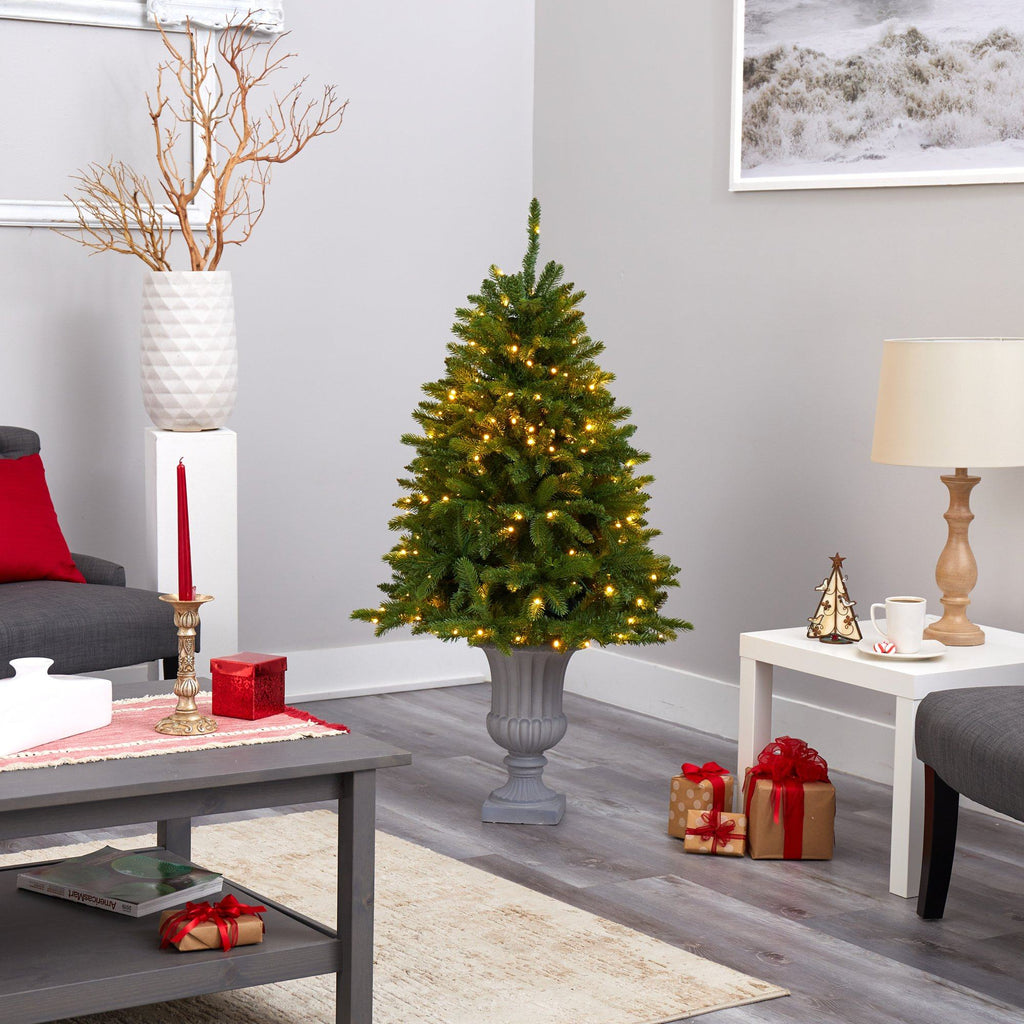 4.5’ Sierra Spruce “Natural Look” Artificial Christmas Tree with 150 Clear LED Lights in Decorative Urn