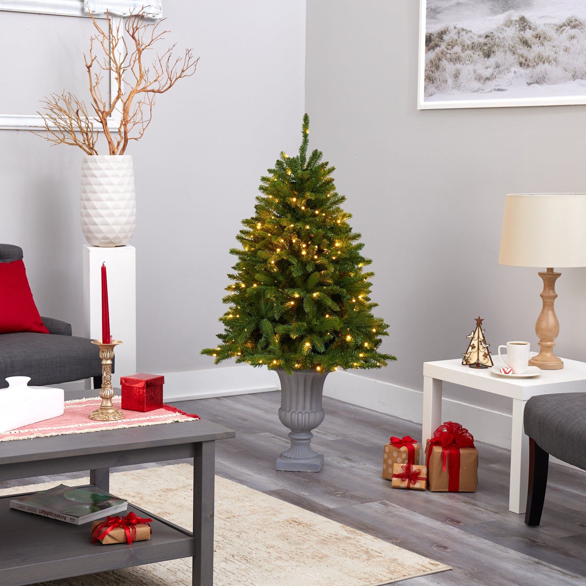 4.5’ Sierra Spruce “Natural Look” Artificial Christmas Tree with 150 Clear LED Lights in Decorative Urn