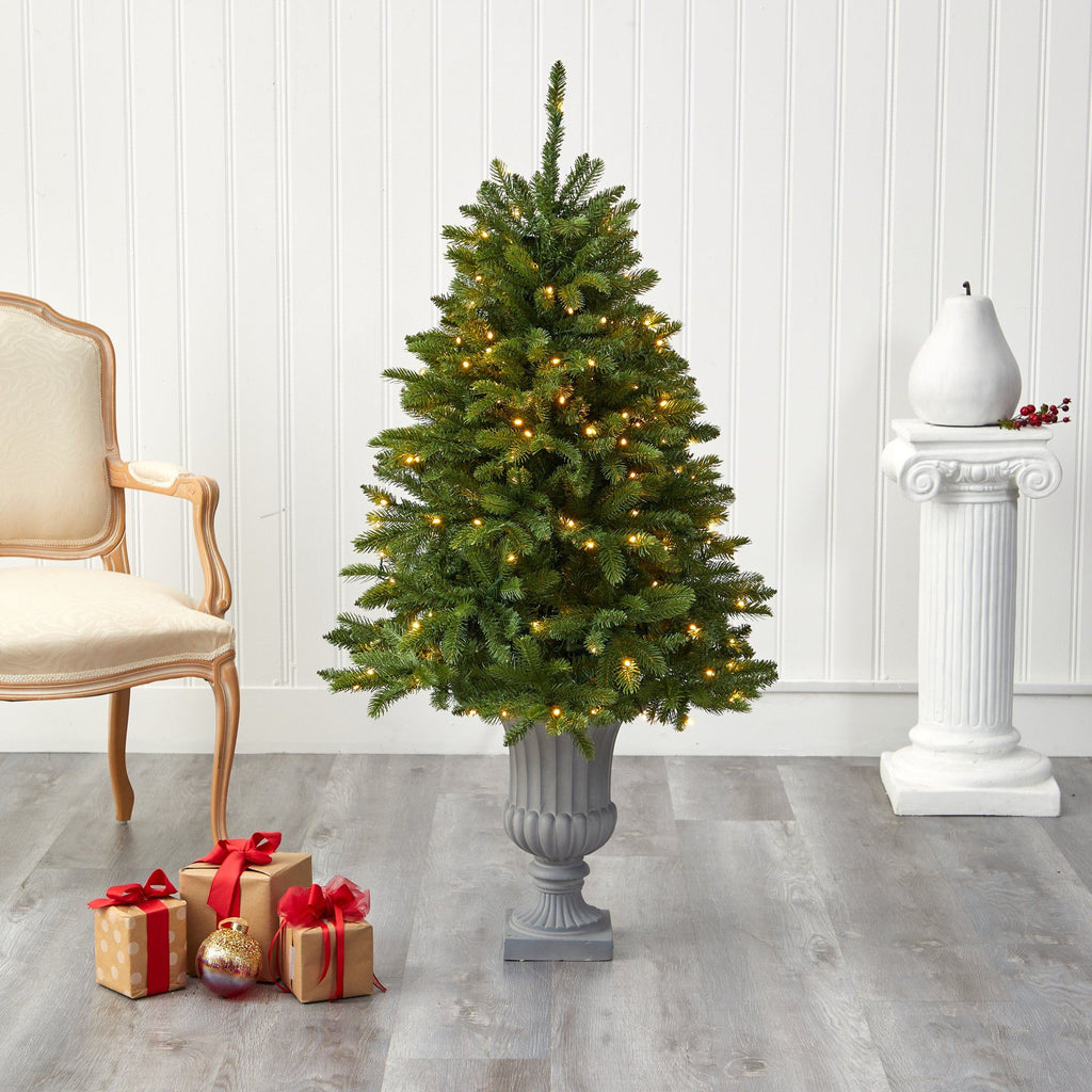 4.5’ Sierra Spruce “Natural Look” Artificial Christmas Tree with 150 Clear LED Lights in Decorative Urn