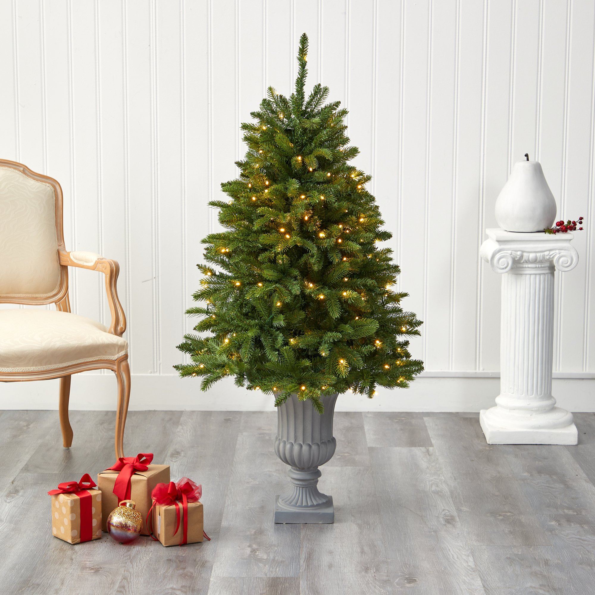 4.5’ Sierra Spruce “Natural Look” Artificial Christmas Tree with 150 Clear LED Lights in Decorative Urn