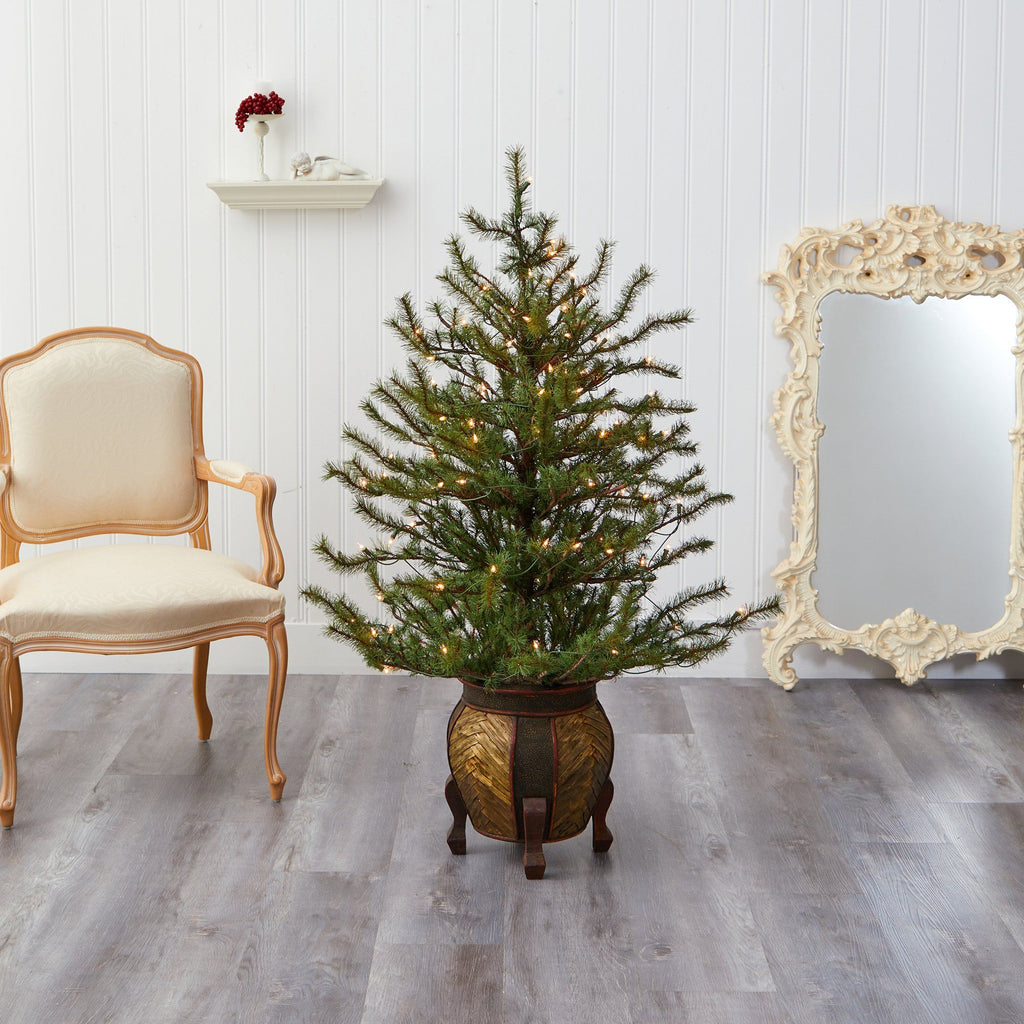 4.5’ Vancouver Mountain Pine Artificial Christmas Tree with 100 Clear Lights and 374 Bendable Branches in Decorative Planter