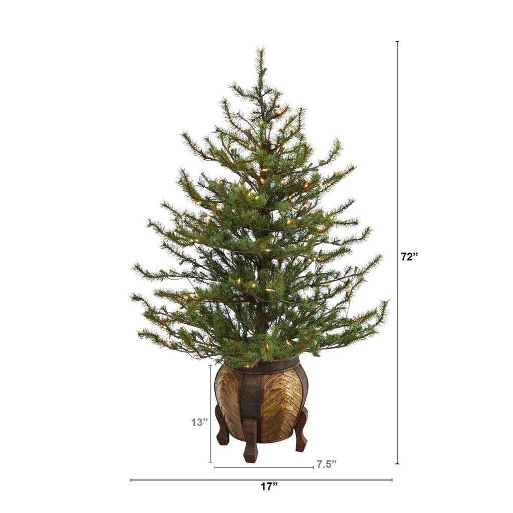 4.5’ Vancouver Mountain Pine Artificial Christmas Tree with 100 Clear Lights and 374 Bendable Branches in Decorative Planter
