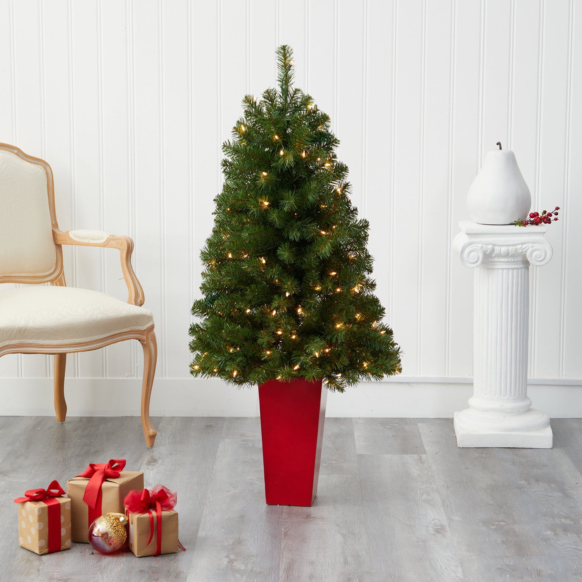 4.5’ Virginia Fir Artificial Christmas Tree with 100 Clear Lights and 223 Bendable Branches in Red Planter