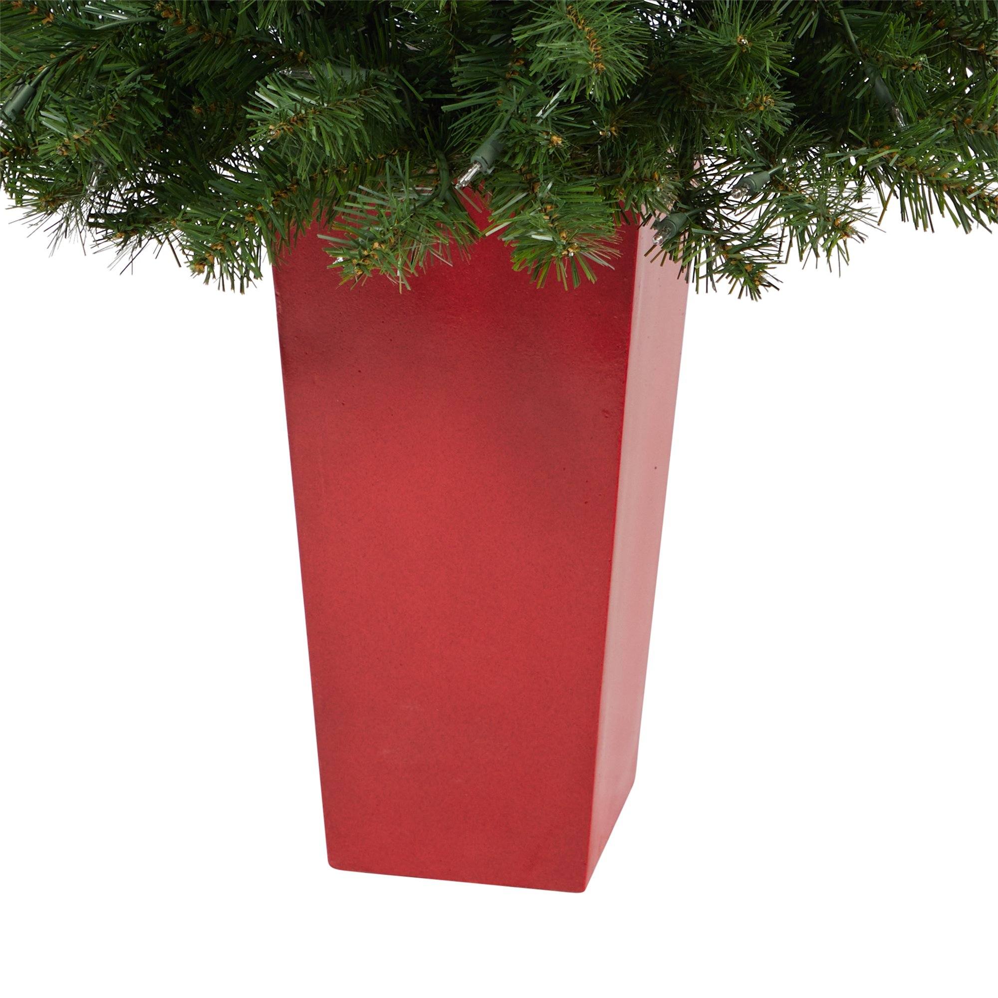 4.5’ Virginia Fir Artificial Christmas Tree with 100 Clear Lights and 223 Bendable Branches in Red Planter