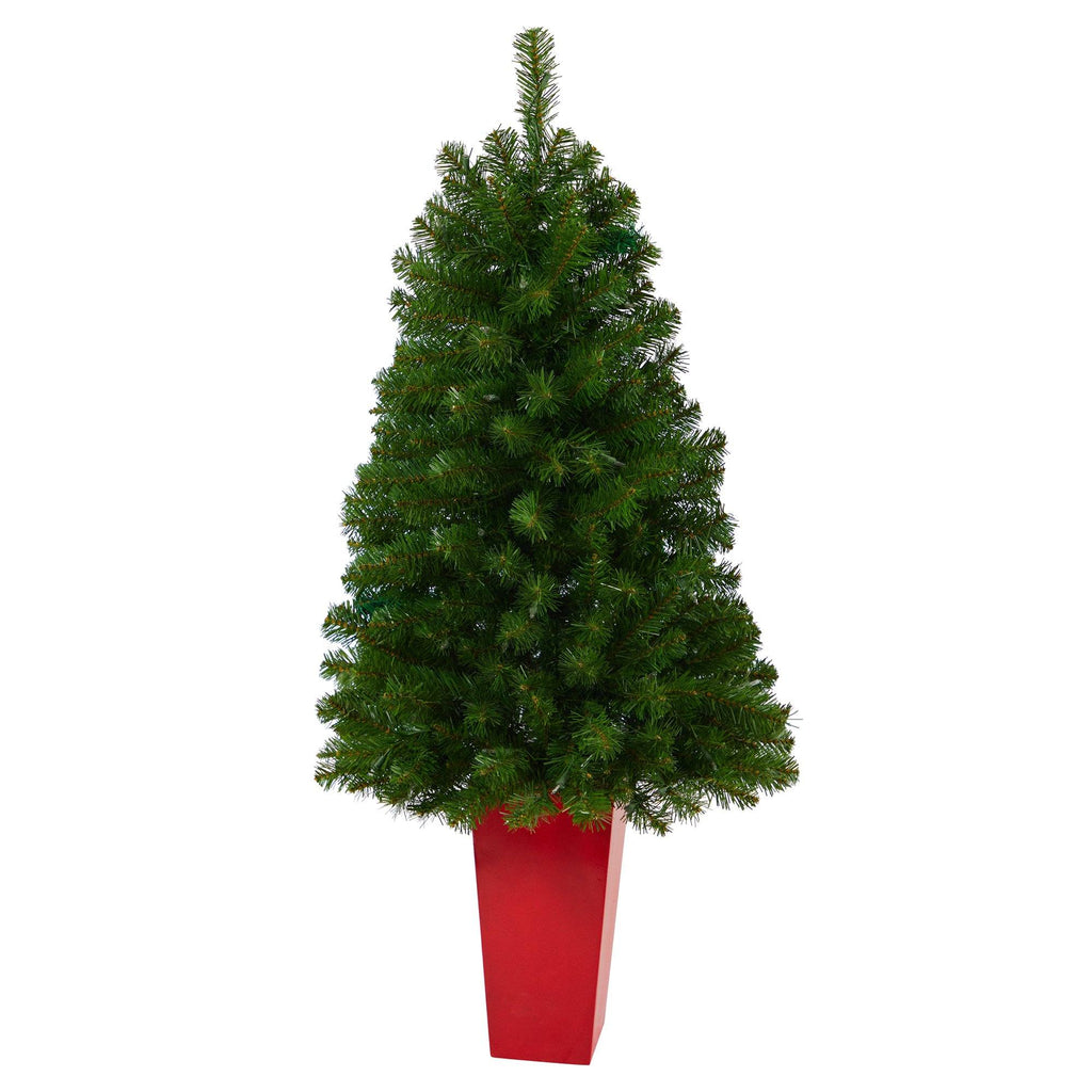 4.5’ Virginia Fir Artificial Christmas Tree with 100 Clear Lights and 223 Bendable Branches in Red Planter