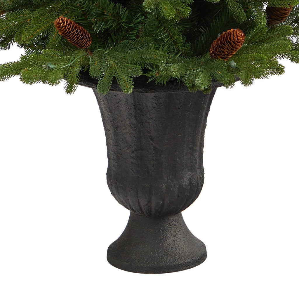 4.5’ Yukon Mountain Fir Artificial Christmas Tree with 100 Clear Lights, Pine Cones and 386 Bendable Branches in Charcoal Planter