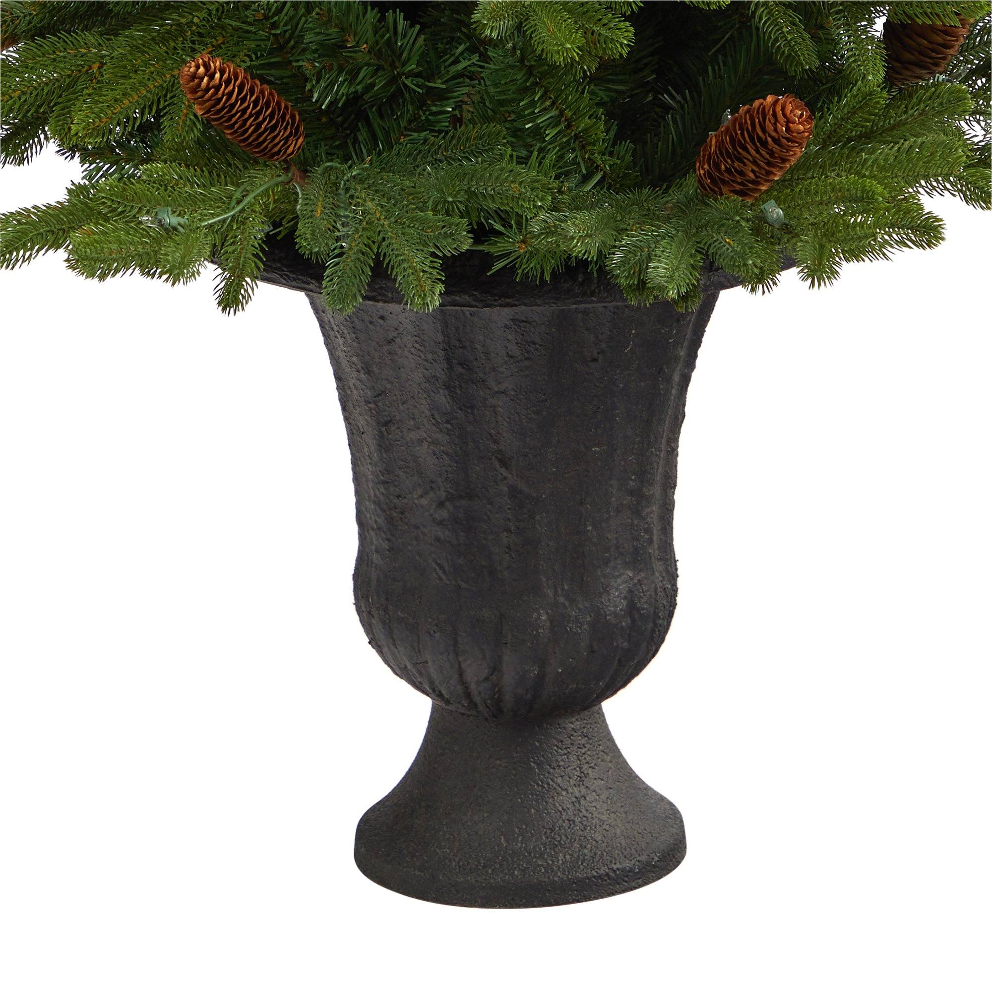 4.5’ Yukon Mountain Fir Artificial Christmas Tree with 100 Clear Lights, Pine Cones and 386 Bendable Branches in Charcoal Planter