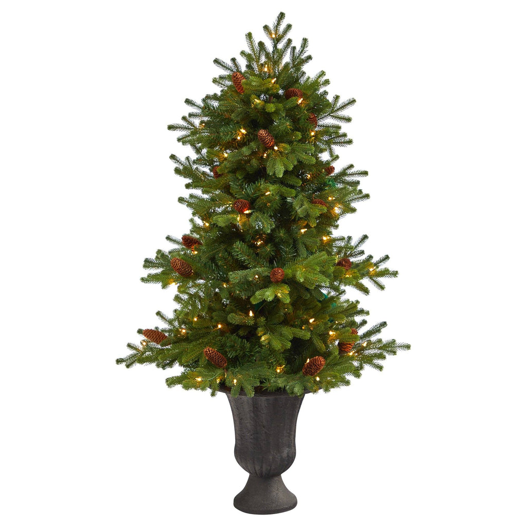 4.5’ Yukon Mountain Fir Artificial Christmas Tree with 100 Clear Lights, Pine Cones and 386 Bendable Branches in Charcoal Planter