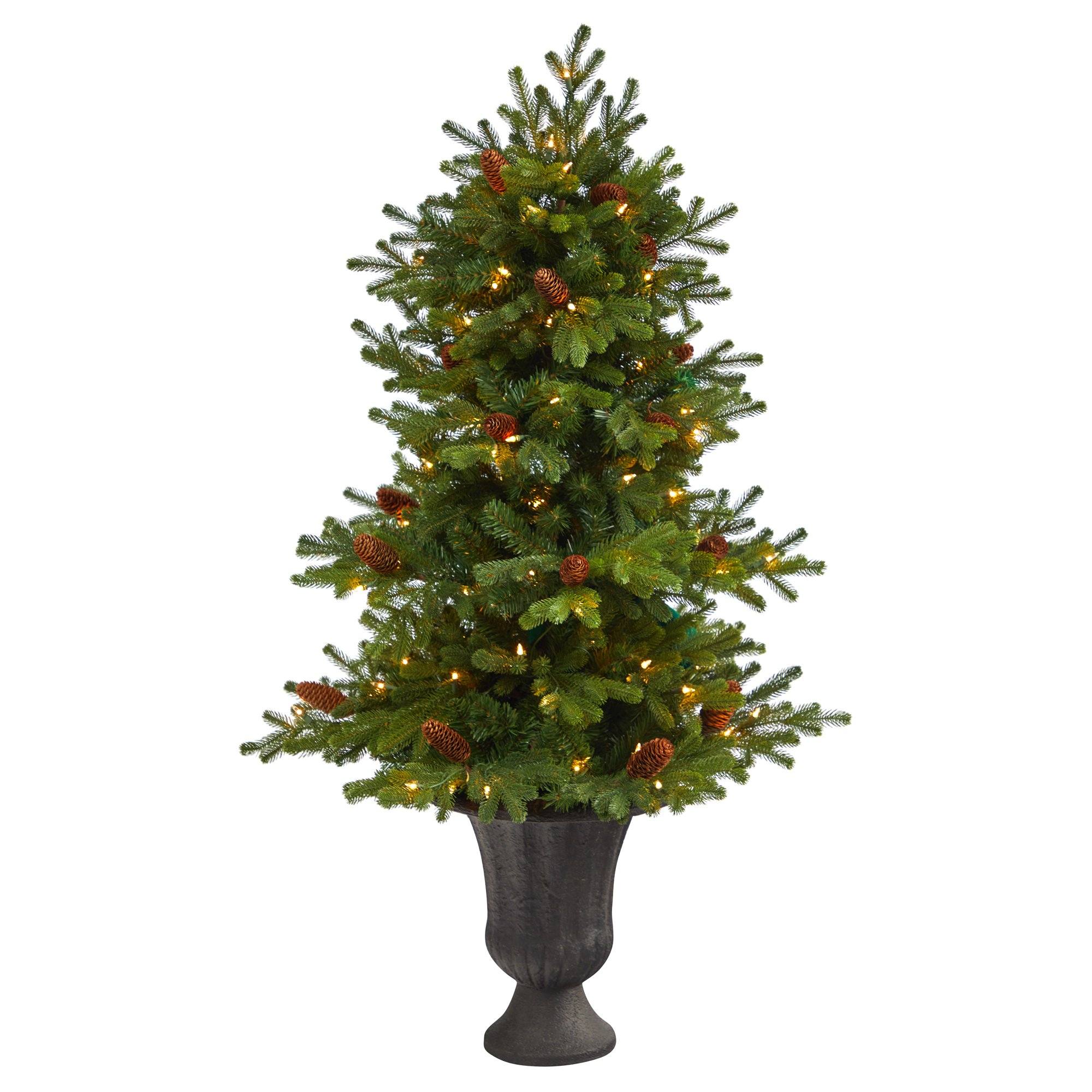 4.5’ Yukon Mountain Fir Artificial Christmas Tree with 100 Clear Lights, Pine Cones and 386 Bendable Branches in Charcoal Planter