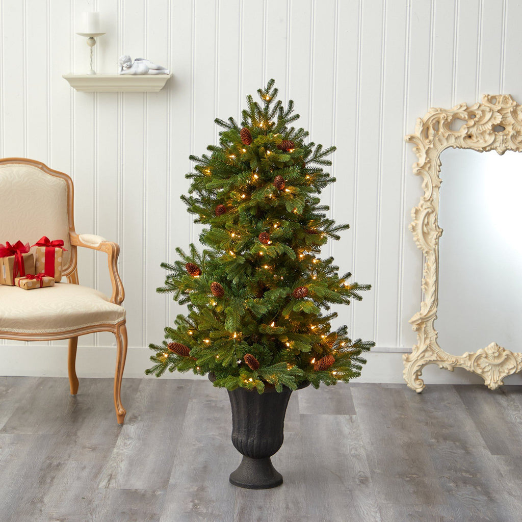 4.5’ Yukon Mountain Fir Artificial Christmas Tree with 100 Clear Lights, Pine Cones and 386 Bendable Branches in Charcoal Planter