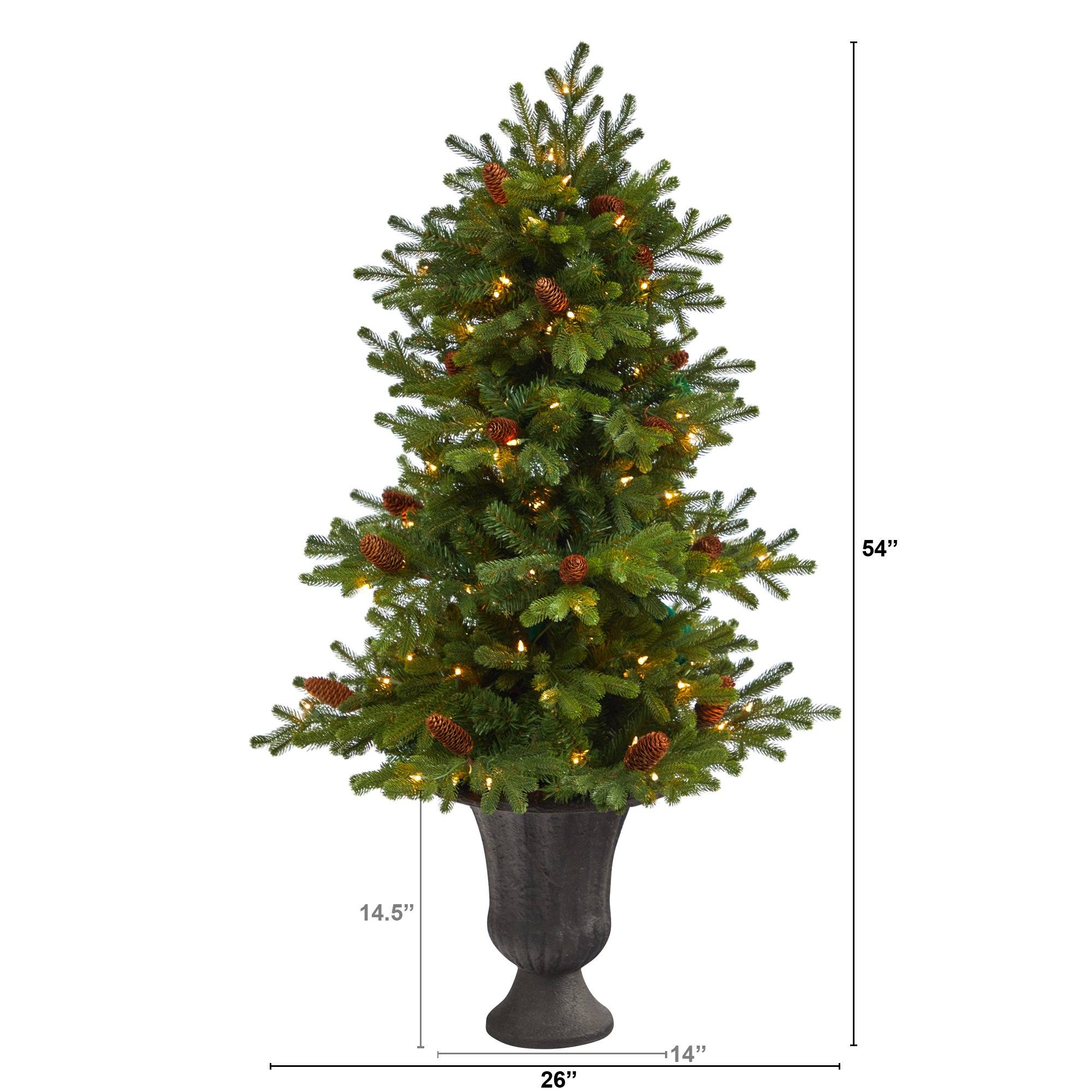 4.5’ Yukon Mountain Fir Artificial Christmas Tree with 100 Clear Lights, Pine Cones and 386 Bendable Branches in Charcoal Planter