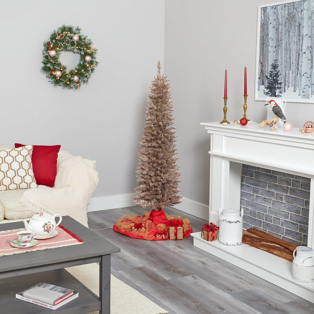 5’ Champagne Pencil Artificial Christmas Tree with 250 (multifunction) Clear LED Lights and 438 Bendable Branches