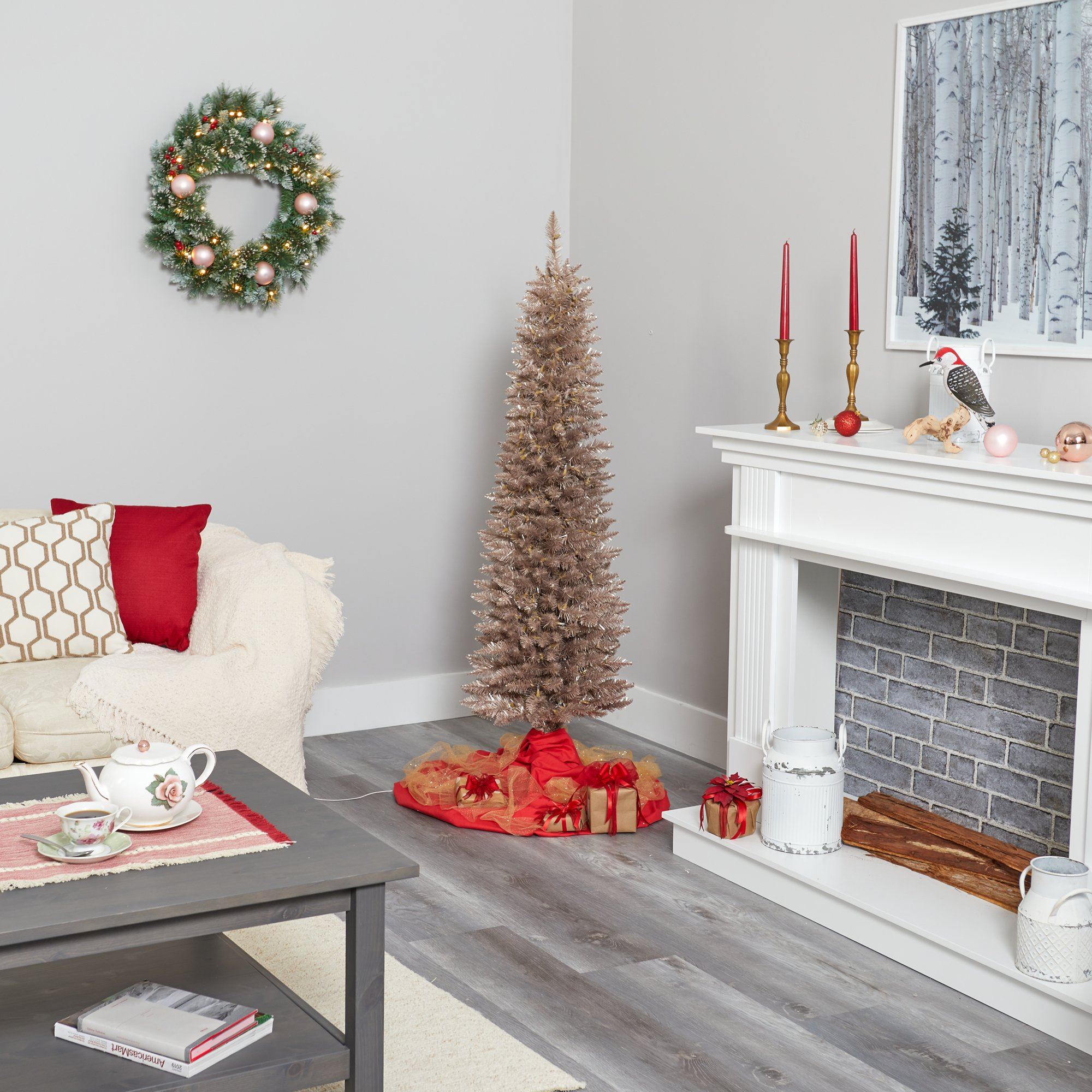 5’ Champagne Pencil Artificial Christmas Tree with 250 (multifunction) Clear LED Lights and 438 Bendable Branches