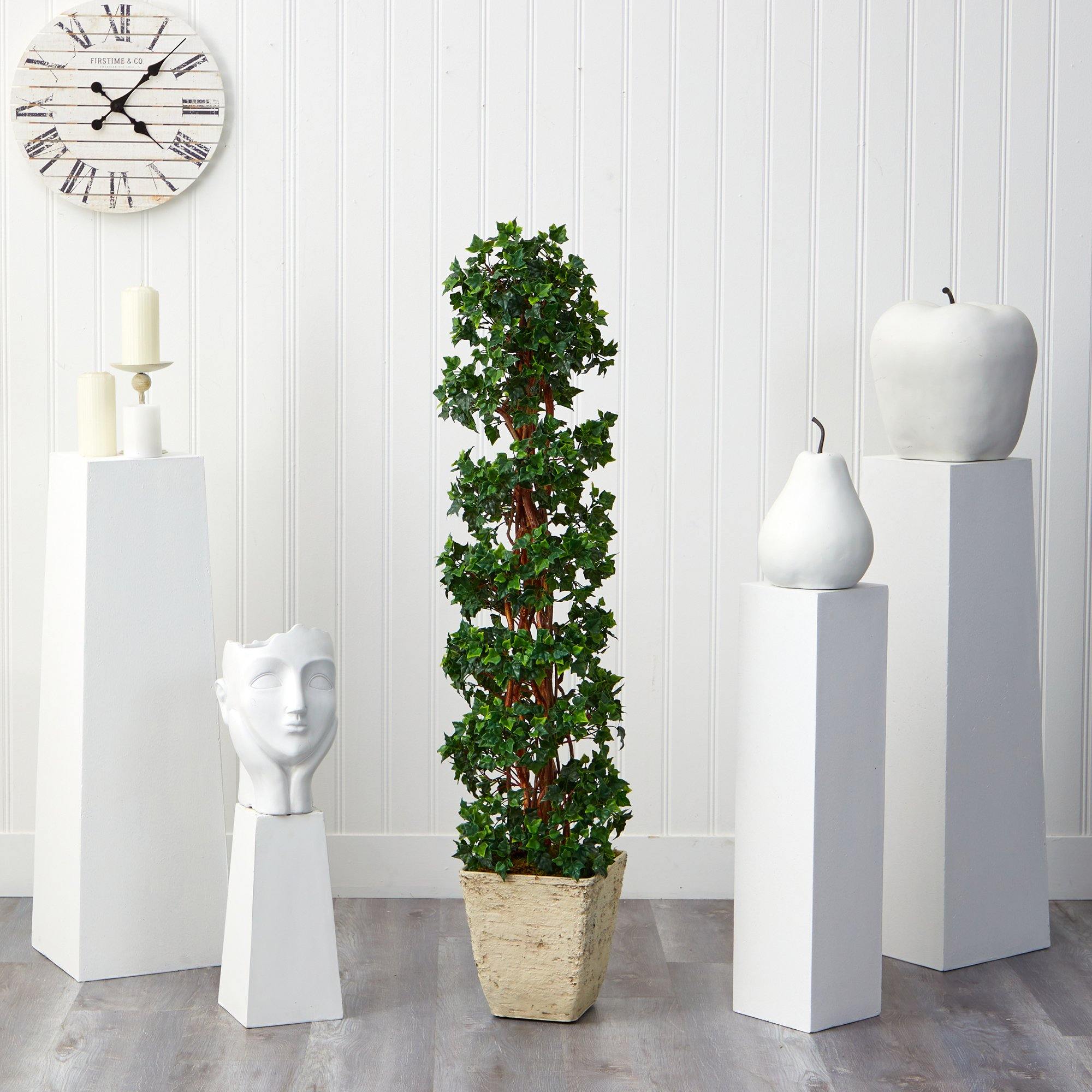 5’ English Ivy Topiary Spiral Artificial Tree in Country White Planter (Indoor/Outdoor)