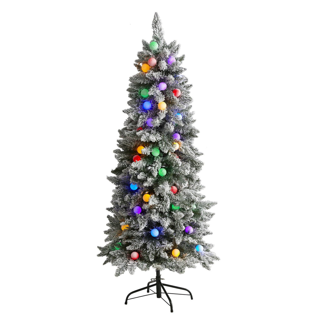 5' Flocked British Columbia Mountain Fir Artificial Christmas Tree with 50 Multi Color Globe Bulbs and 379 Bendable Branches