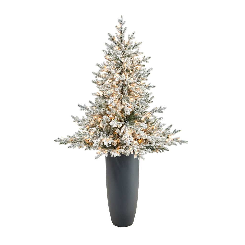 5’ Flocked Fraser Fir Artificial Christmas Tree with 300 Warm White Lights and 967 Bendable Branches in Gray Planter