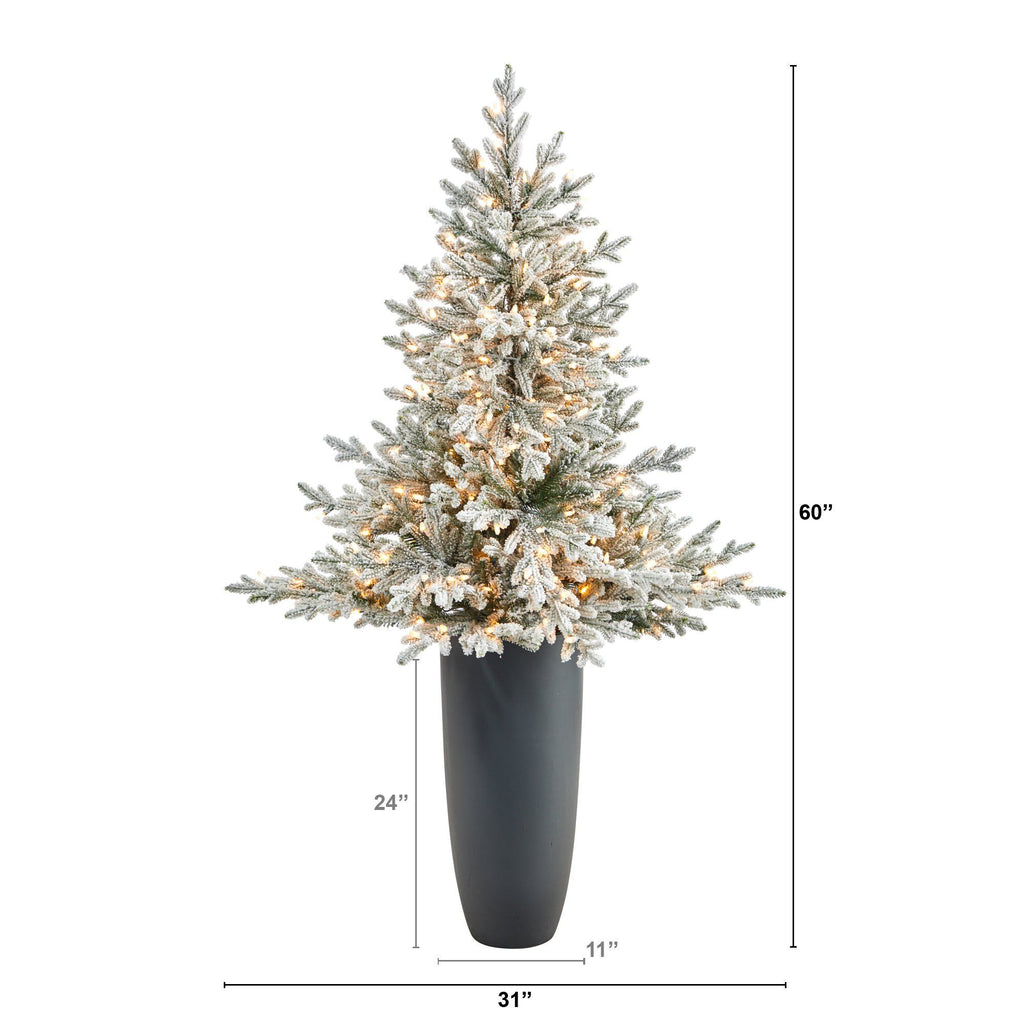 5’ Flocked Fraser Fir Artificial Christmas Tree with 300 Warm White Lights and 967 Bendable Branches in Gray Planter