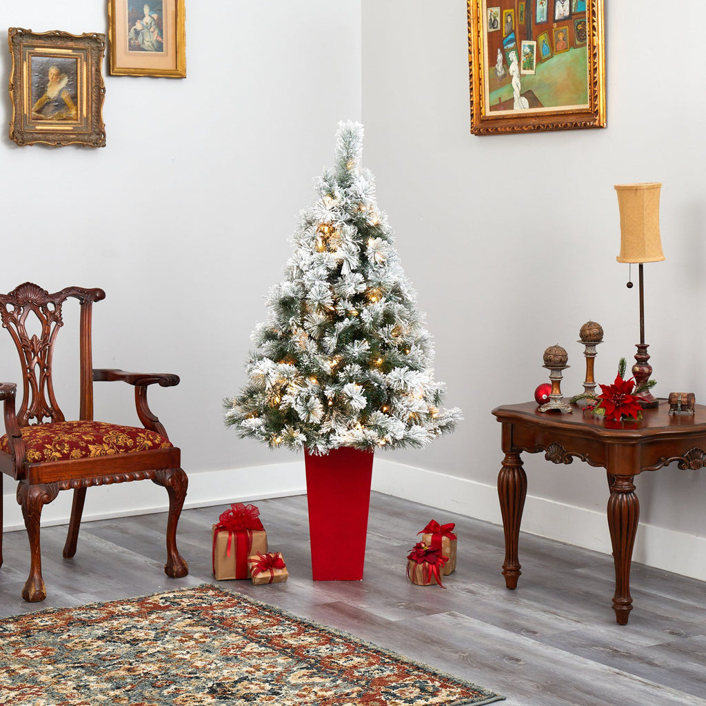 5’ Flocked Oregon Pine Artificial Christmas Tree with 100 Clear Lights and 215 Bendable Branches in Red Tower Planter