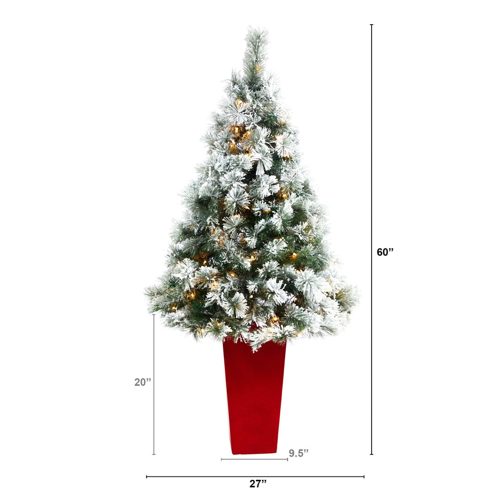 5’ Flocked Oregon Pine Artificial Christmas Tree with 100 Clear Lights and 215 Bendable Branches in Red Tower Planter