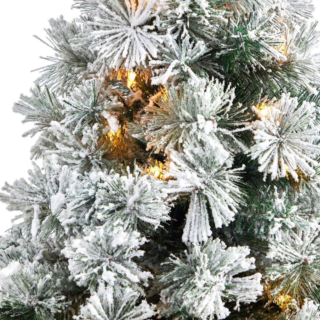 5’ Flocked Oregon Pine Artificial Christmas Tree with 100 Clear Lights and 215 Bendable Branches in Red Tower Planter