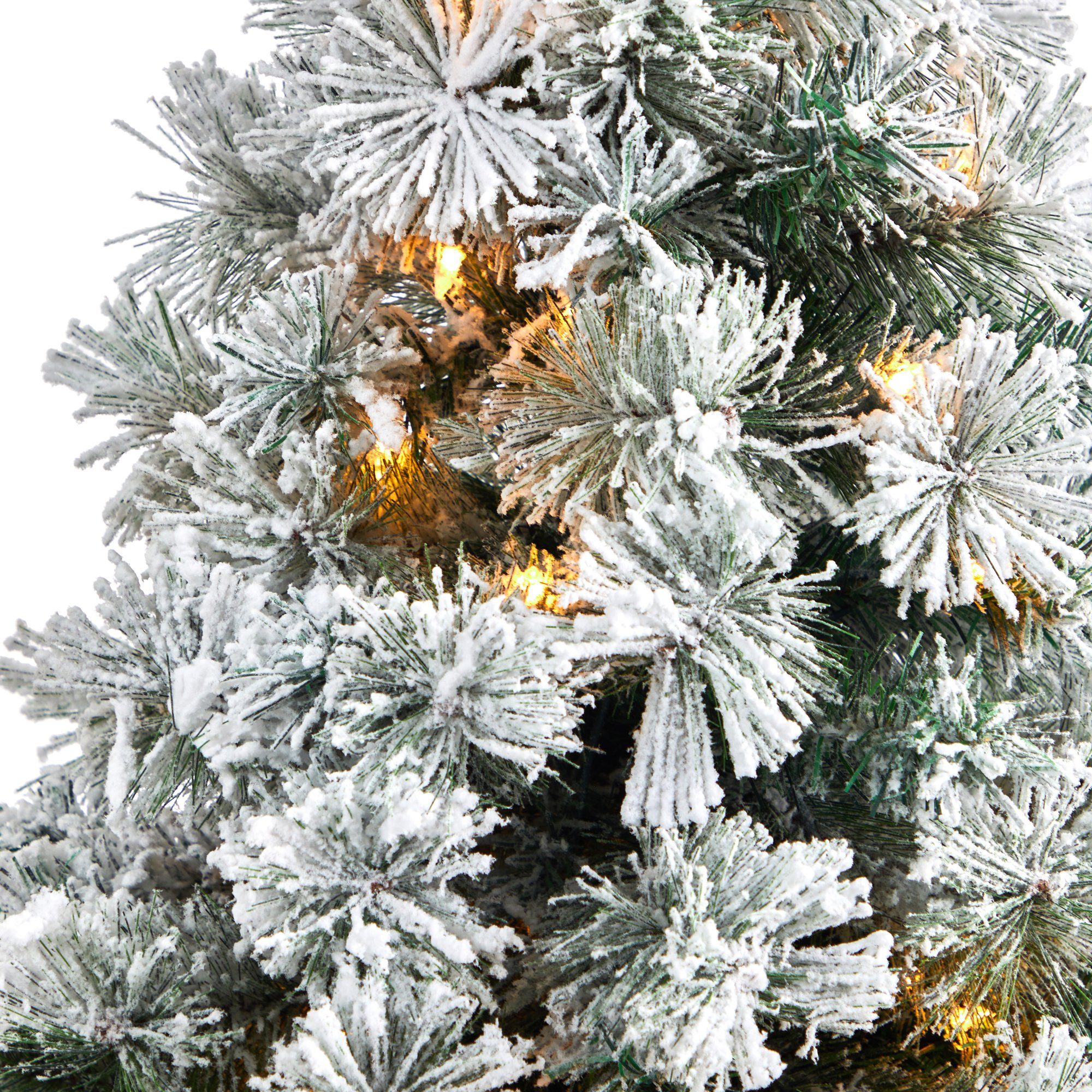 5’ Flocked Oregon Pine Artificial Christmas Tree with 100 Clear Lights and 215 Bendable Branches in Red Tower Planter
