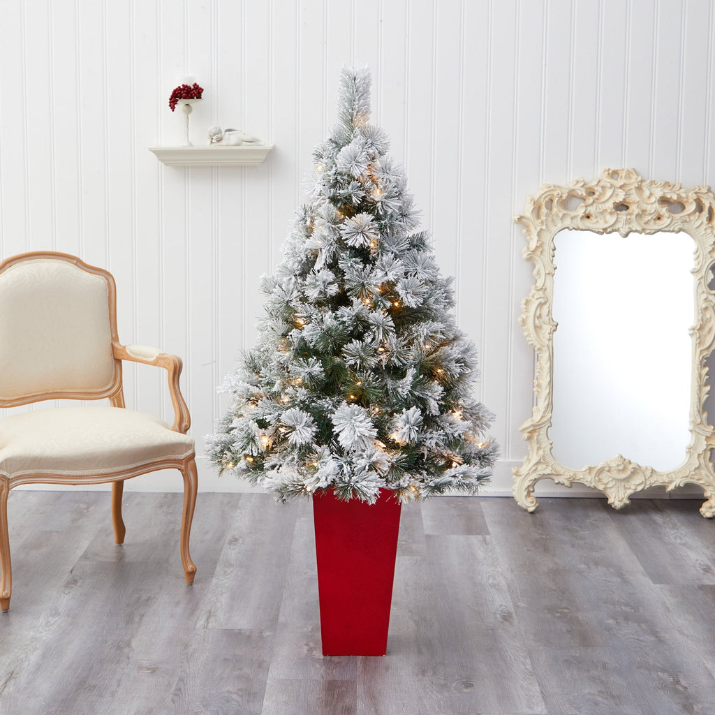 5’ Flocked Oregon Pine Artificial Christmas Tree with 100 Clear Lights and 215 Bendable Branches in Red Tower Planter