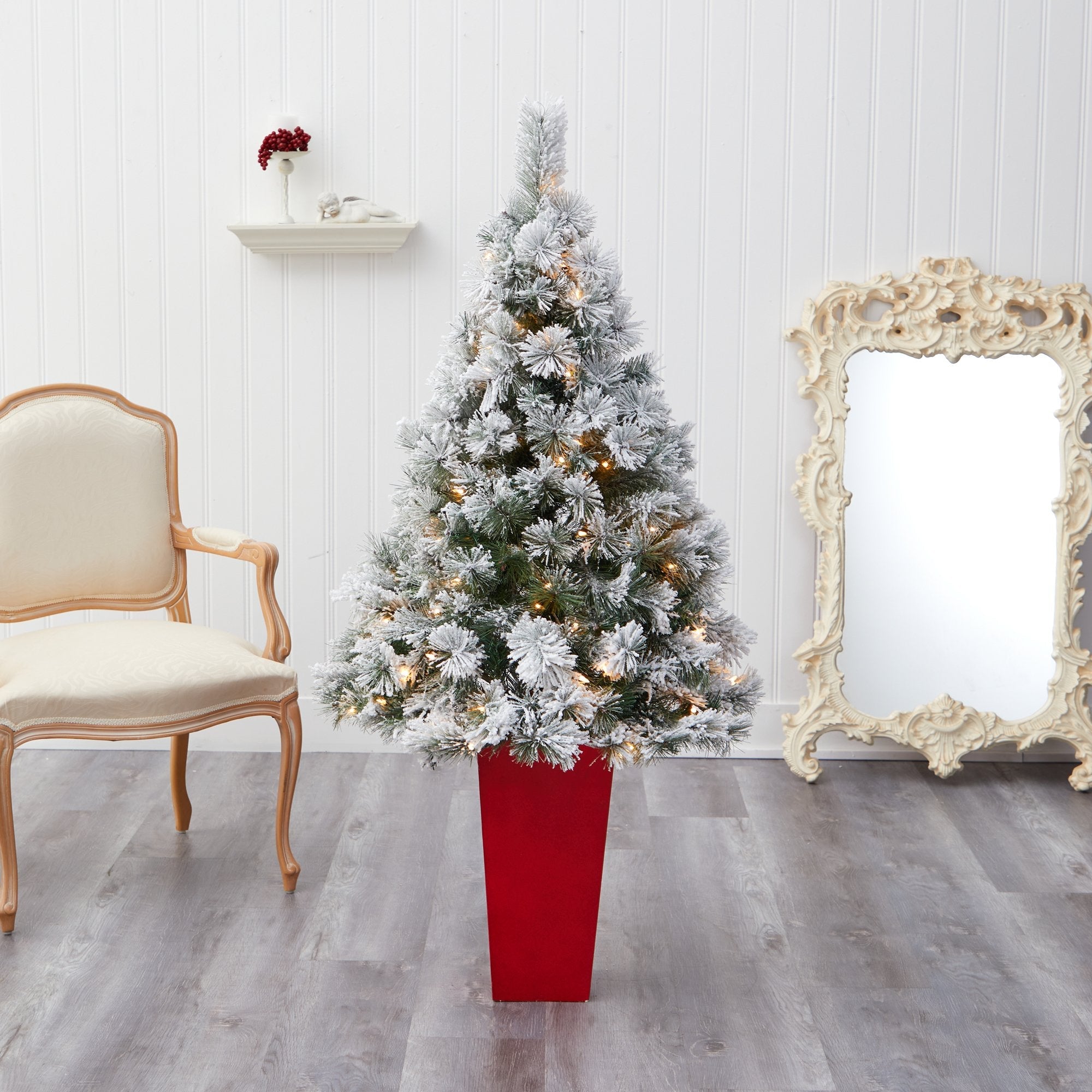 5’ Flocked Oregon Pine Artificial Christmas Tree with 100 Clear Lights and 215 Bendable Branches in Red Tower Planter