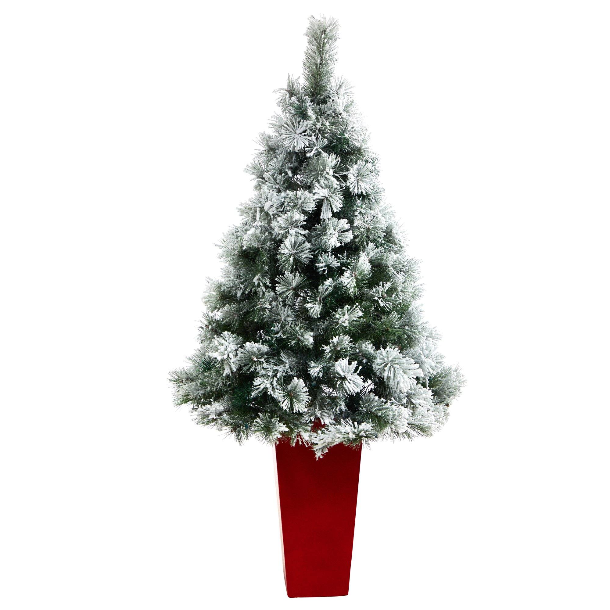 5’ Flocked Oregon Pine Artificial Christmas Tree with 100 Clear Lights and 215 Bendable Branches in Red Tower Planter