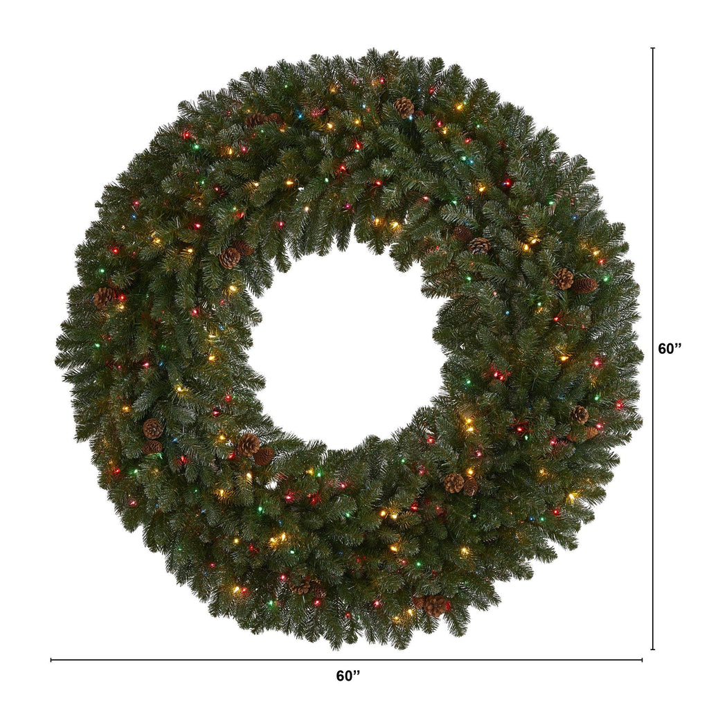 5’ Giant Flocked Artificial Christmas Wreath with 280 Multicolored Lights, Glitter and Pine Cones