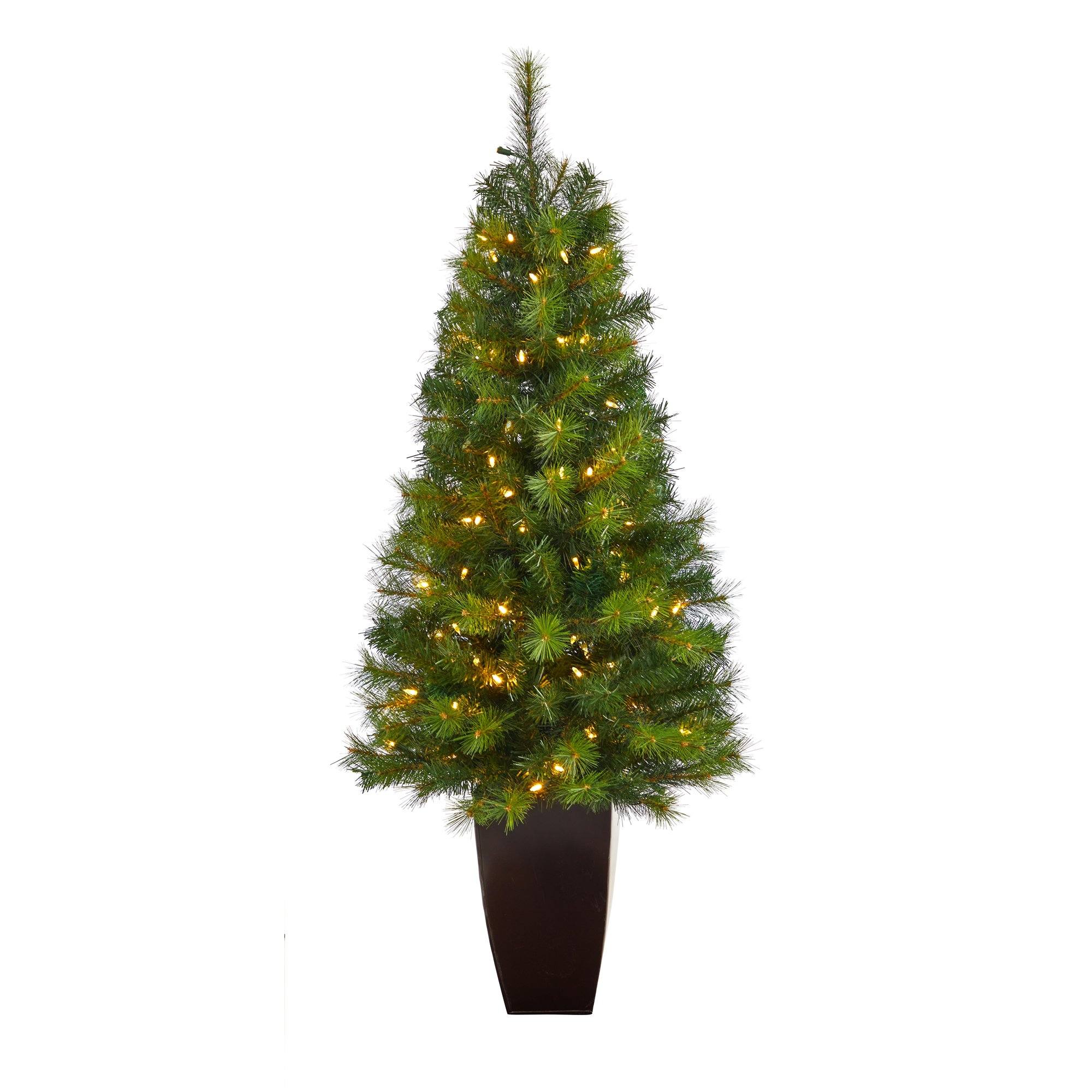5’ Green Valley Pine Artificial Christmas Tree with 100 Warm White LED Lights and 201 Bendable Branches in Bronze Metal Planter