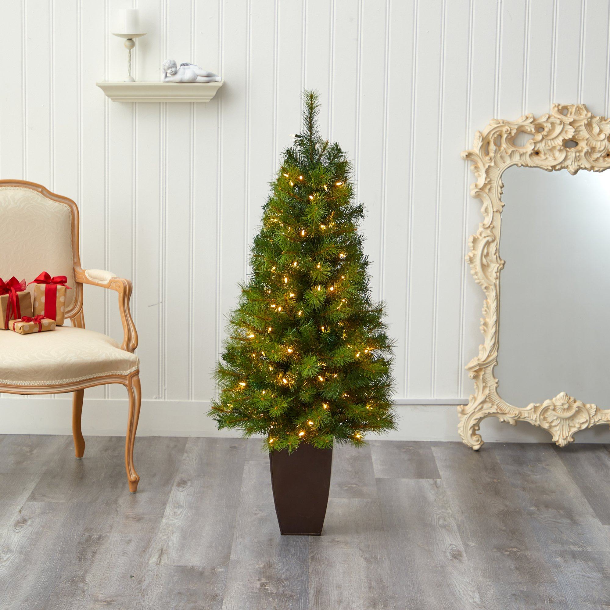 5’ Green Valley Pine Artificial Christmas Tree with 100 Warm White LED Lights and 201 Bendable Branches in Bronze Metal Planter