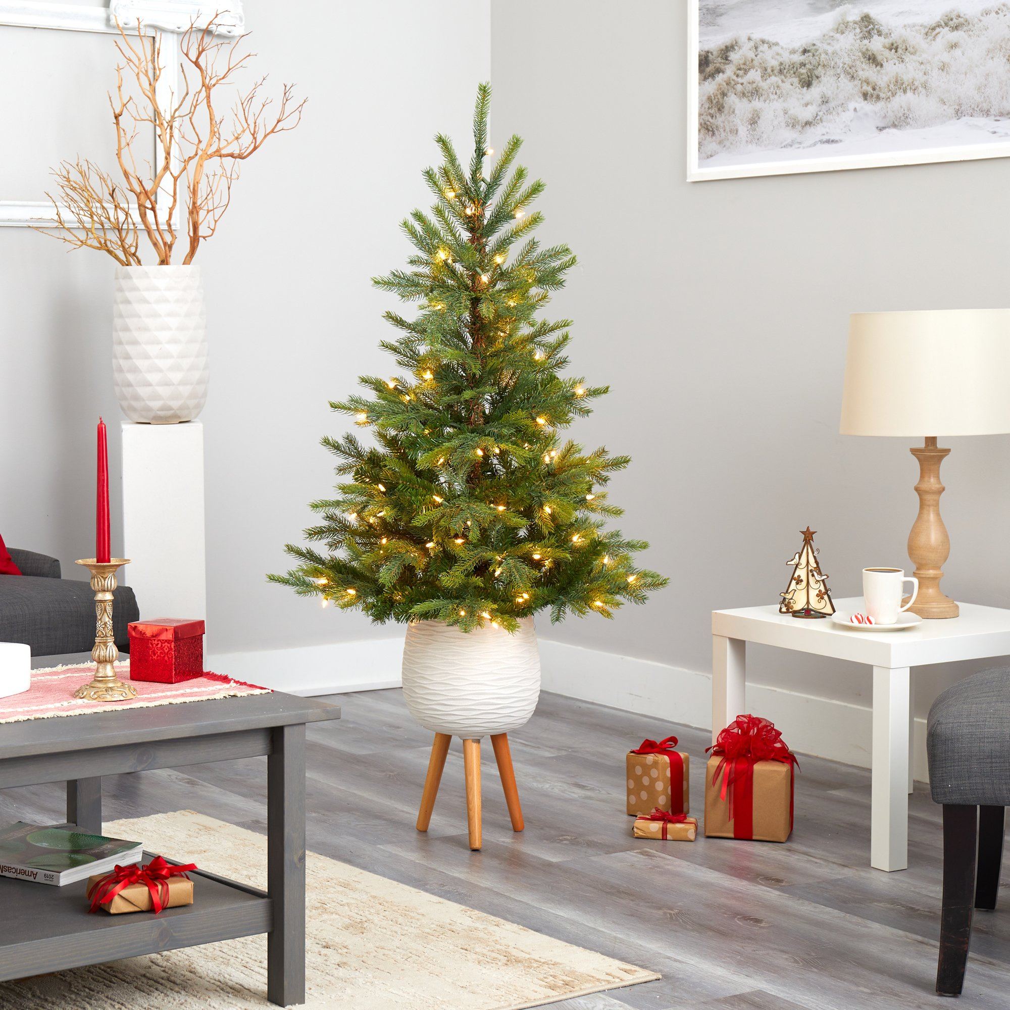 5’ North Carolina Spruce Artificial Christmas Tree with 100 Clear Lights and 207 Bendable Branches in White Planter with Stand