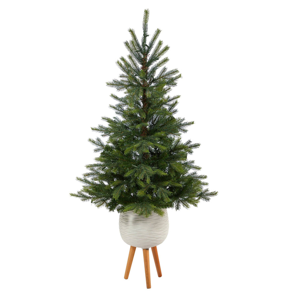 5’ North Carolina Spruce Artificial Christmas Tree with 100 Clear Lights and 207 Bendable Branches in White Planter with Stand