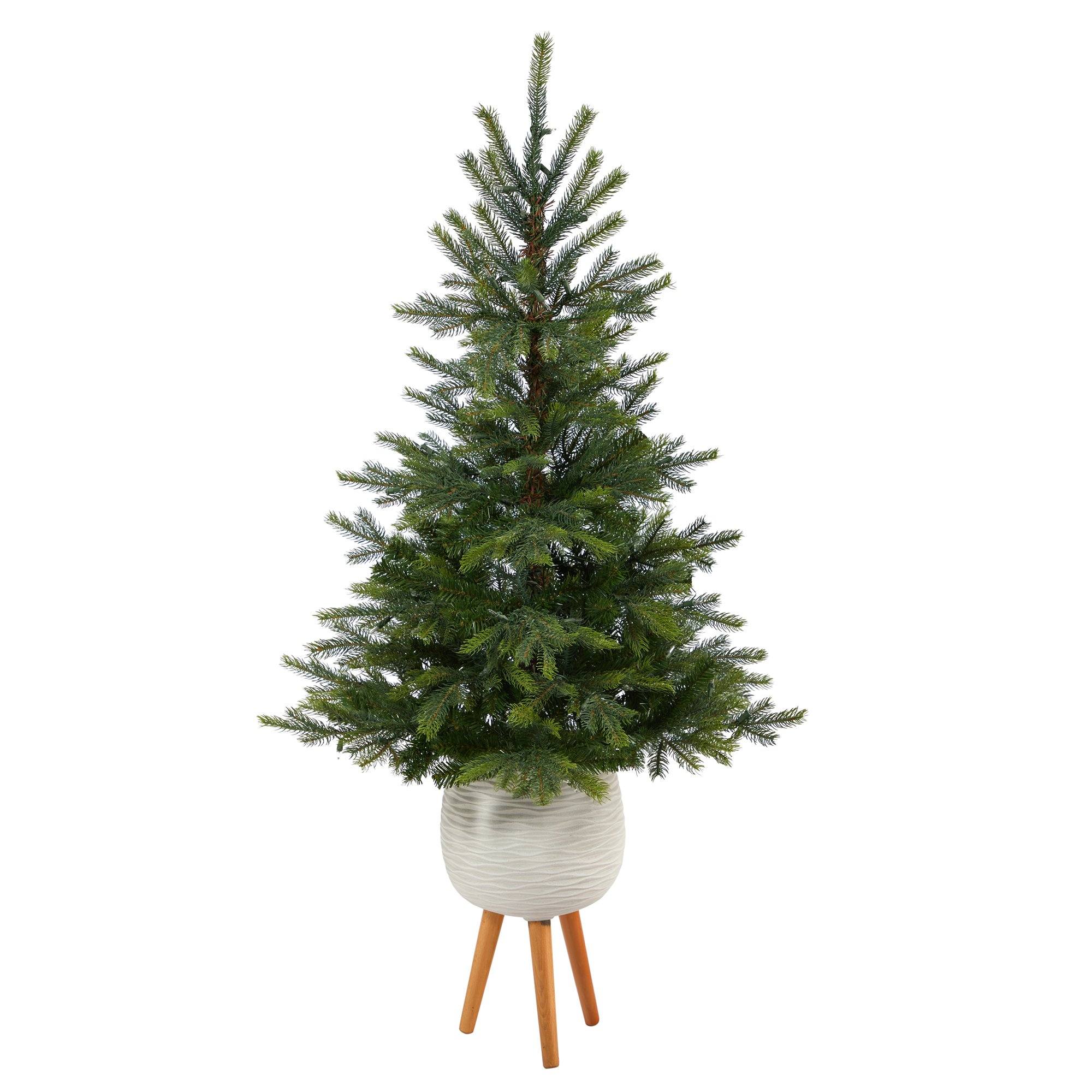 5’ North Carolina Spruce Artificial Christmas Tree with 100 Clear Lights and 207 Bendable Branches in White Planter with Stand