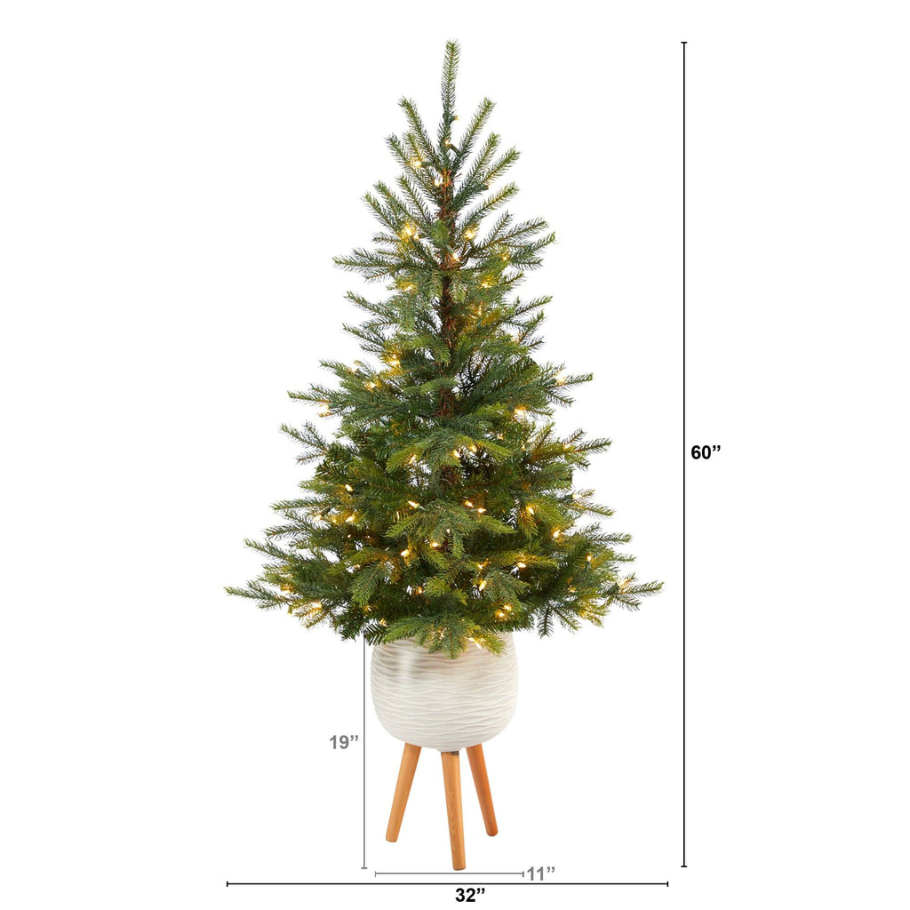 5’ North Carolina Spruce Artificial Christmas Tree with 100 Clear Lights and 207 Bendable Branches in White Planter with Stand