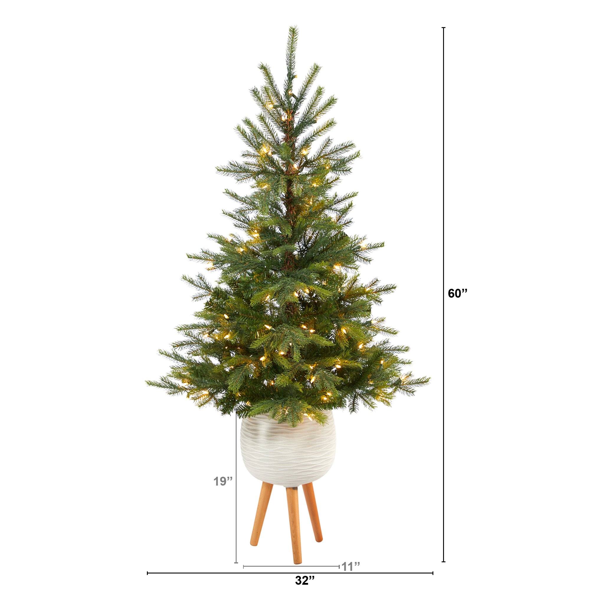 5’ North Carolina Spruce Artificial Christmas Tree with 100 Clear Lights and 207 Bendable Branches in White Planter with Stand
