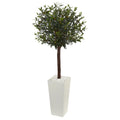 5’ Olive Topiary Artificial Tree in White Tower Planter