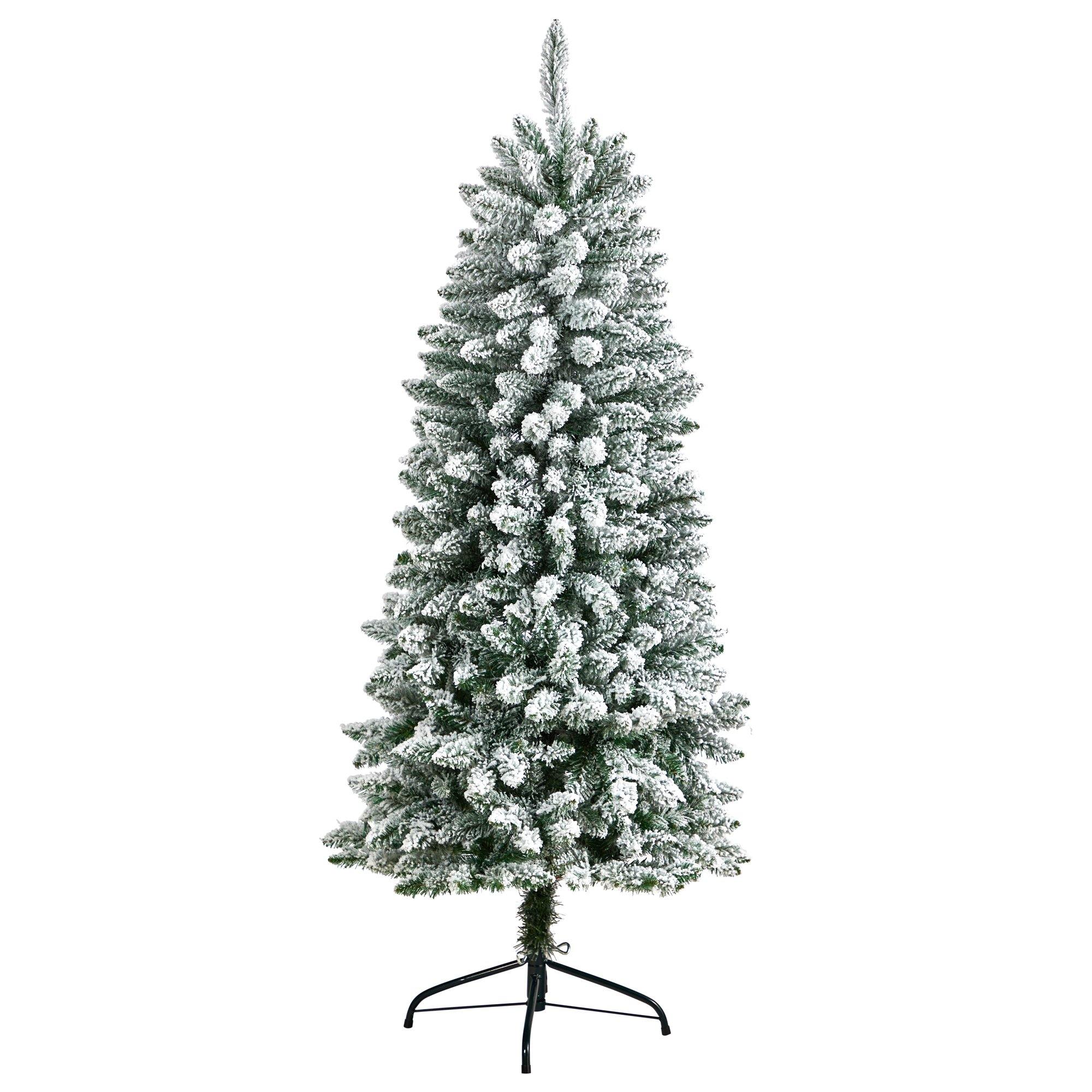 5’ Slim Flocked Montreal Fir Christmas Tree with 150 Warm White LED Lights and 491 Bendable Branches