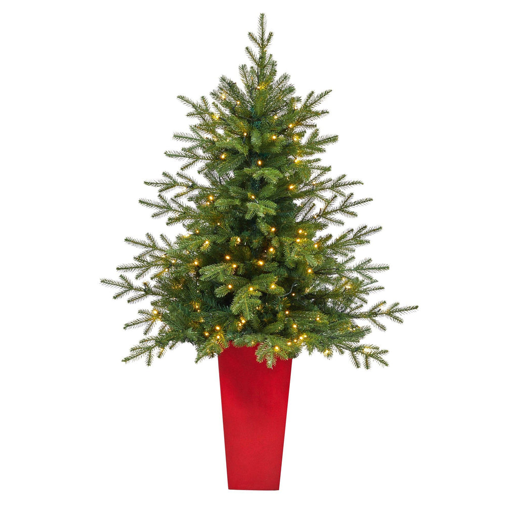 5’ Swedish Fir Artificial Christmas Tree with 160 Warm White LED Lights and 403 Bendable Branches in Tower Planter