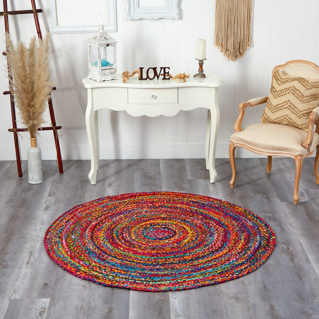 5’ x 5’ Hand Braided Boho Colorful Chindi Round Rug