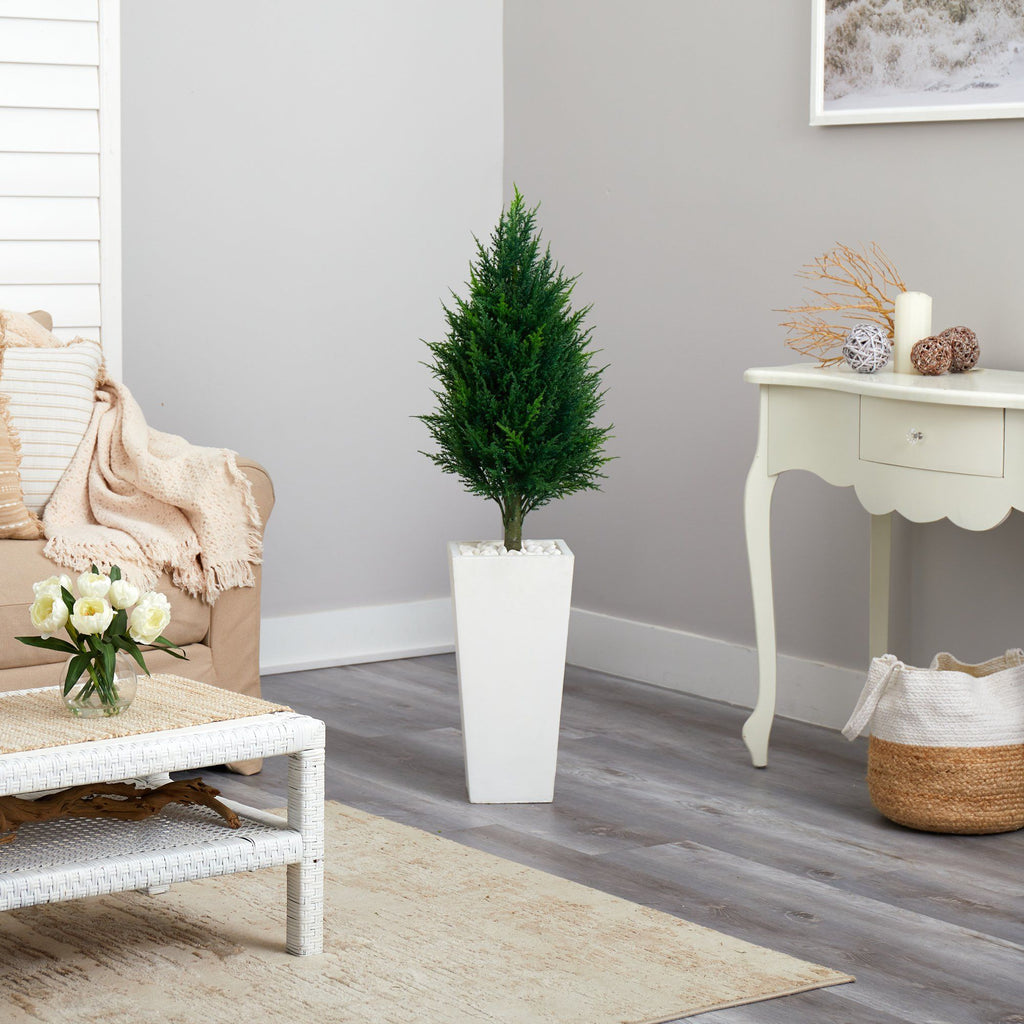 50” Cypress Tower Artificial Tree in Tall White Planter (Indoor/Outdoor)