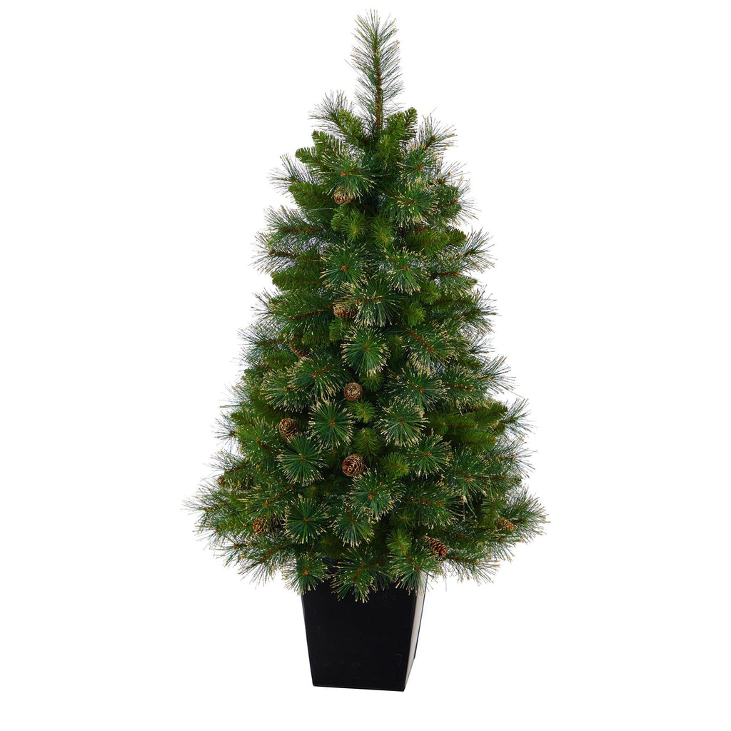 50” Golden Tip Washington Pine Artificial Christmas Tree with 100 Clear Lights, Pine Cones and 336 Bendable Branches in Black Metal Planter