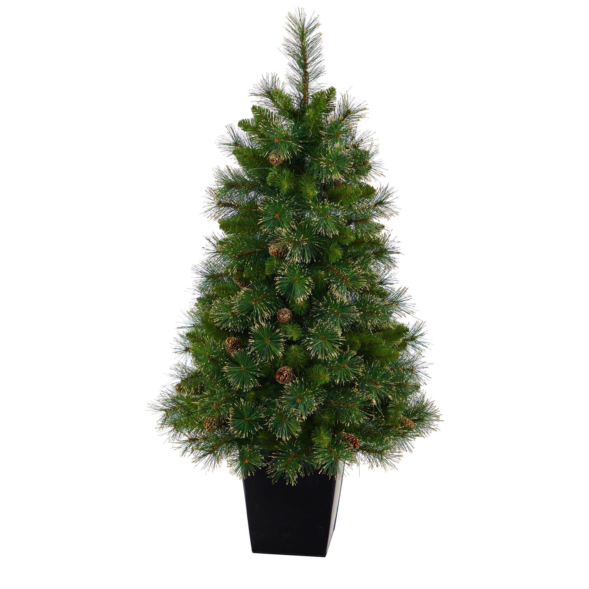 50” Golden Tip Washington Pine Artificial Christmas Tree with 100 Clear Lights, Pine Cones and 336 Bendable Branches in Black Metal Planter