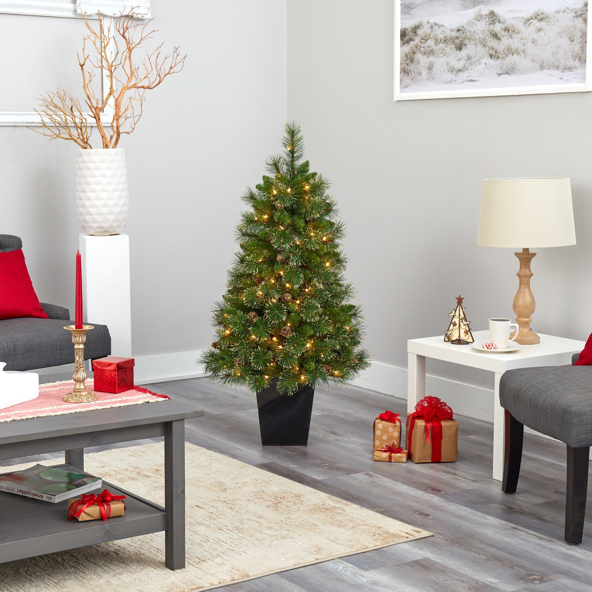 50” Golden Tip Washington Pine Artificial Christmas Tree with 100 Clear Lights, Pine Cones and 336 Bendable Branches in Black Metal Planter