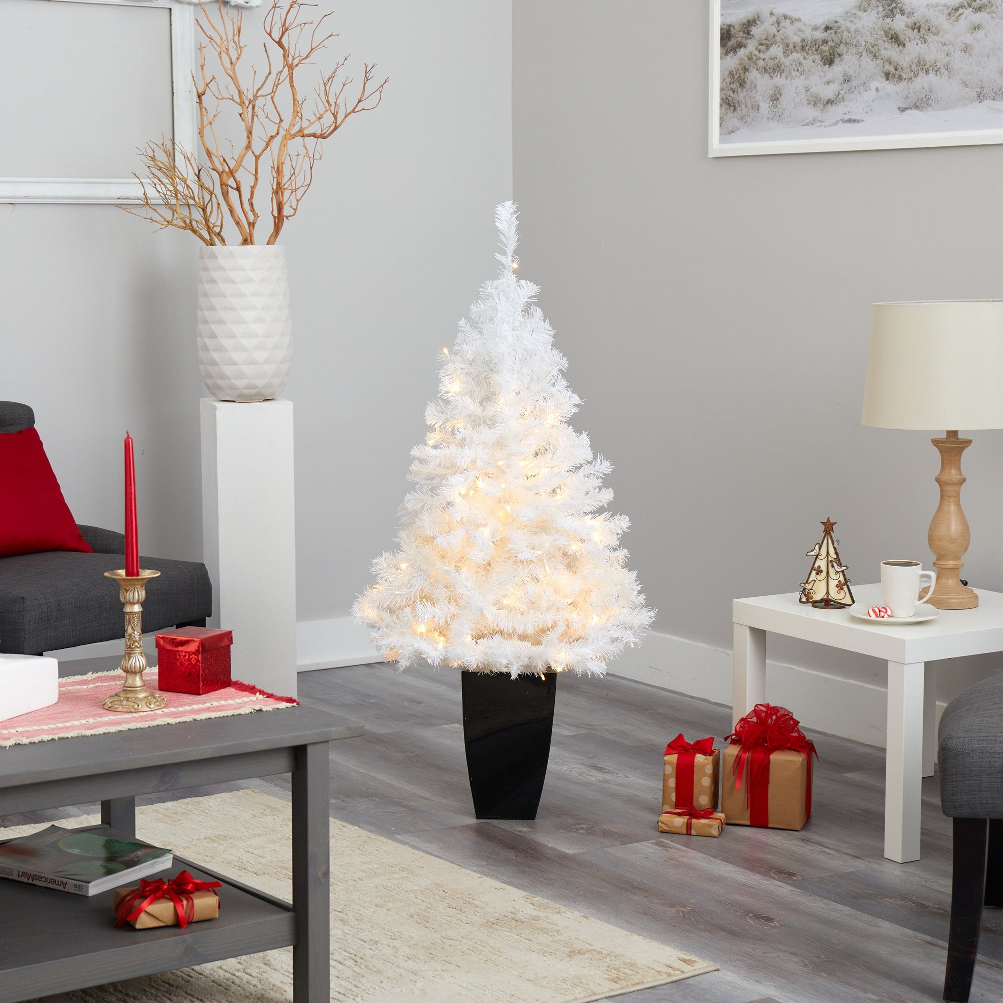 50” White Artificial Christmas Tree with 100 Clear LED Lights in Black Metal Planter