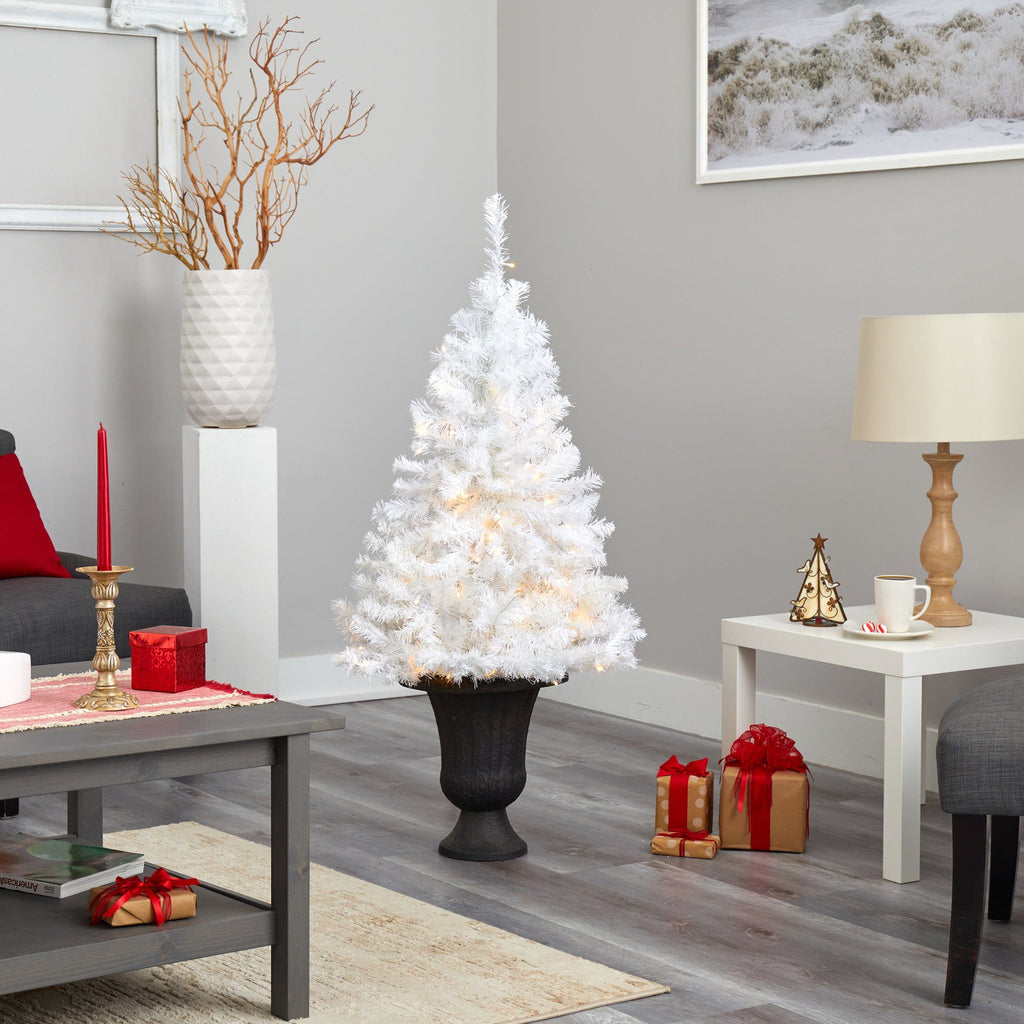 50” White Artificial Christmas Tree with 100 Clear LED Lights in Charcoal Planter