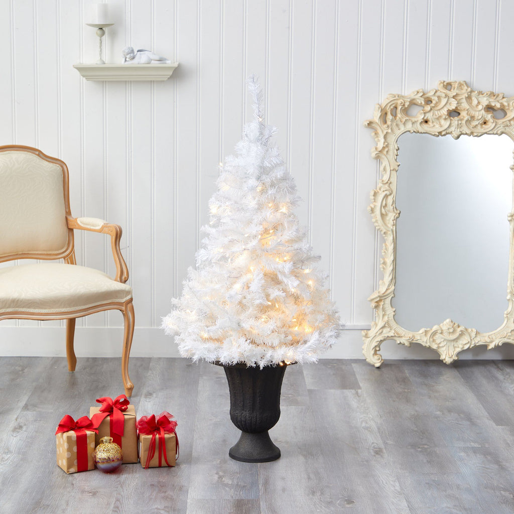 50” White Artificial Christmas Tree with 100 Clear LED Lights in Charcoal Planter