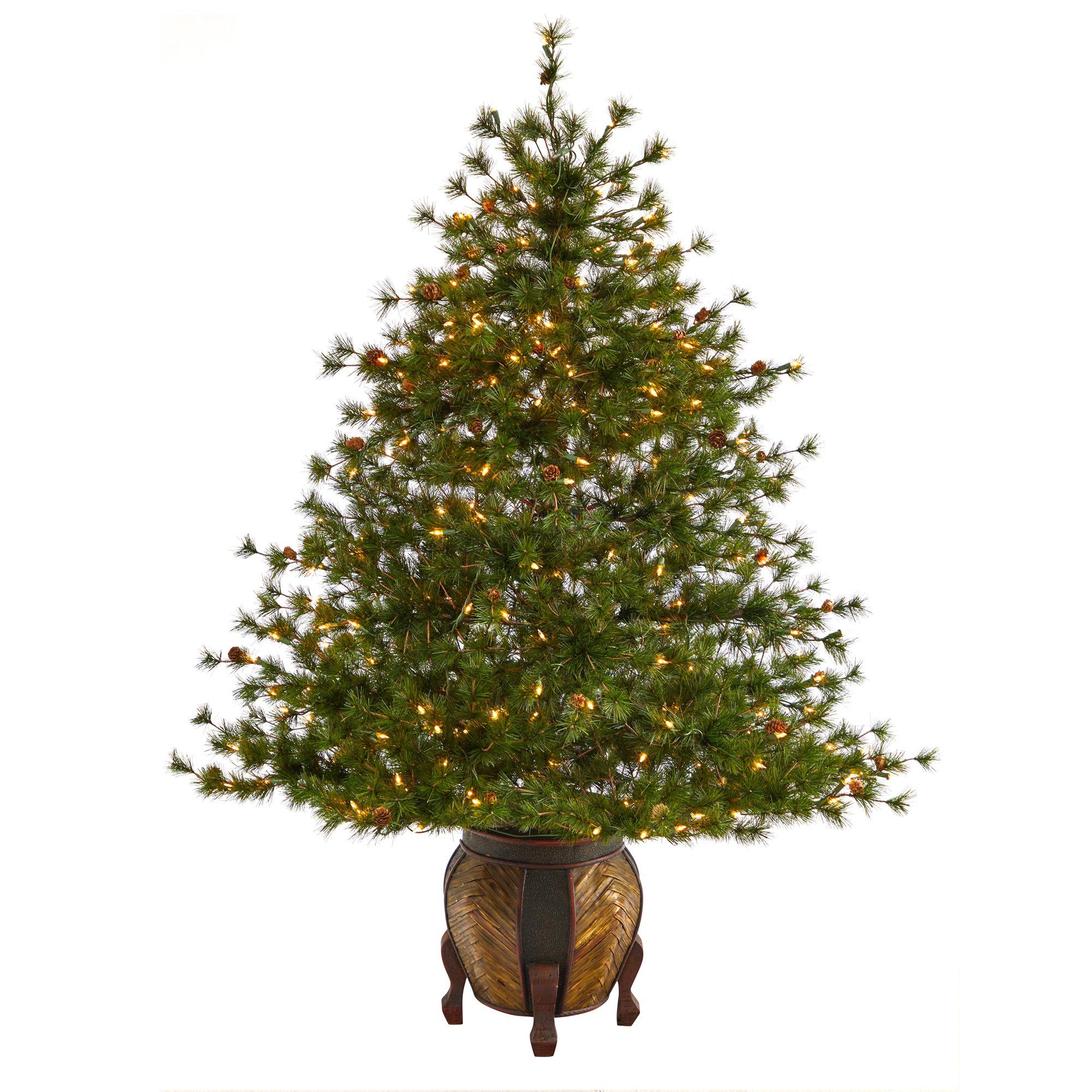 5.5’ Colorado Mountain Pine Artificial Christmas Tree with 250 Clear Lights, 669 Bendable Branches and Pine Cones in Decorative Planter